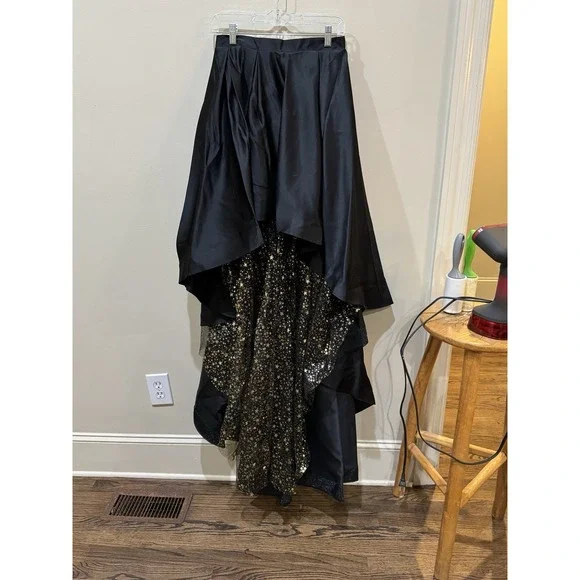 High Low Black Satin Skirt Celestial Tulle Lining Train Size Small Witchy Goth - Picture 2 of 8